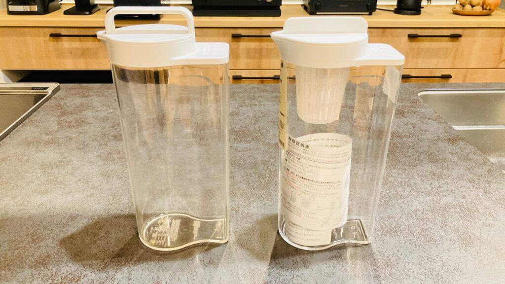 無印良品の新旧アクリル冷水筒の全体を並べた写真